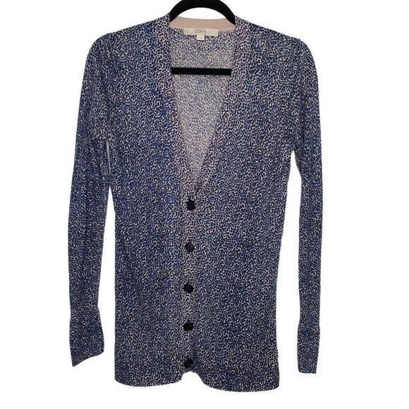 LOFT Blue and Black‎ Long Sleeve deep v neck Cardigan size Medium - Picture 1 of 10